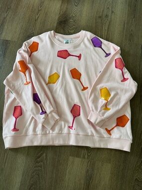 QUEEN OF SPARKLES Light Pink Sequin Wine Glass Sweatshirt